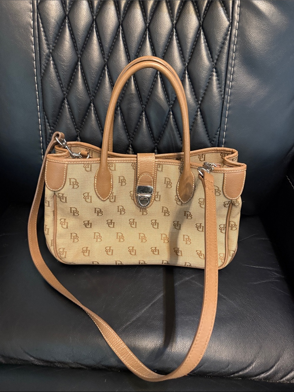 Dooney & Bourke Signature Monogram Satchel Bag Purse Tan